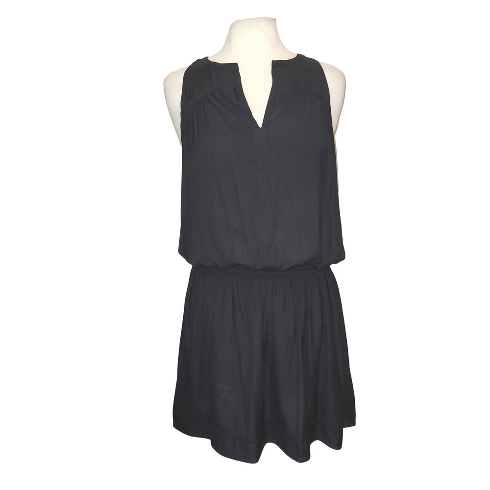 Ramy Brook Black Sleeveless V-Neck Smocked Drop Waist Mini Dress Keyhole Back XL